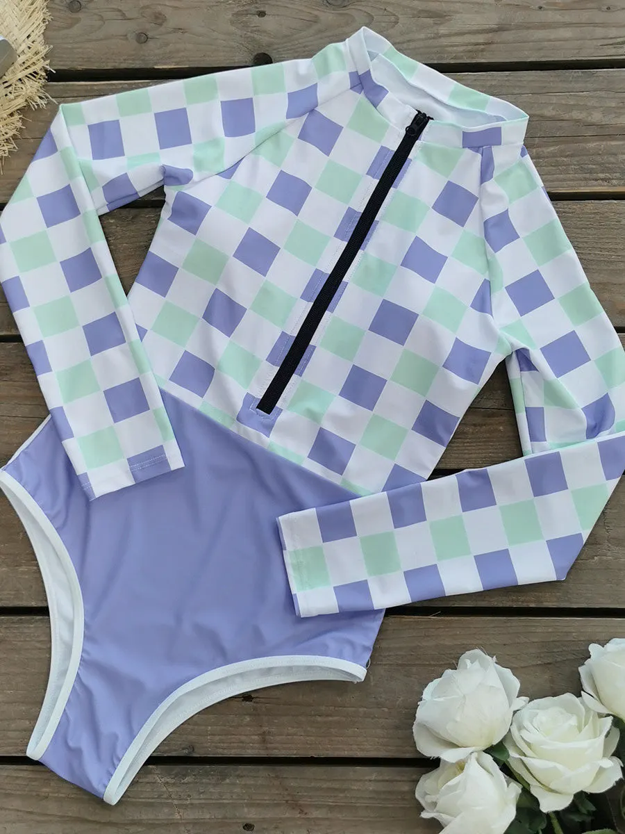 Plaid print long sleeve sun protection one-piece surf suit