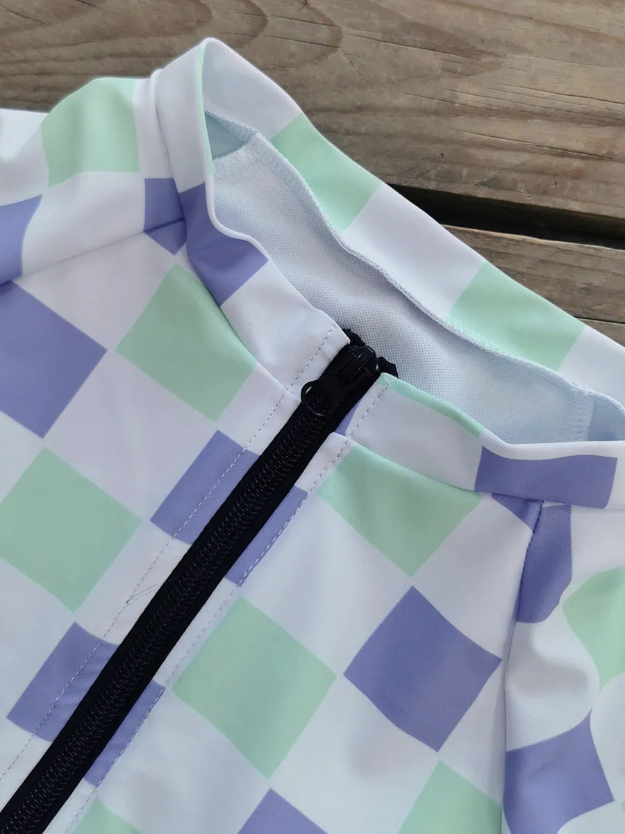 Plaid print long sleeve sun protection one-piece surf suit
