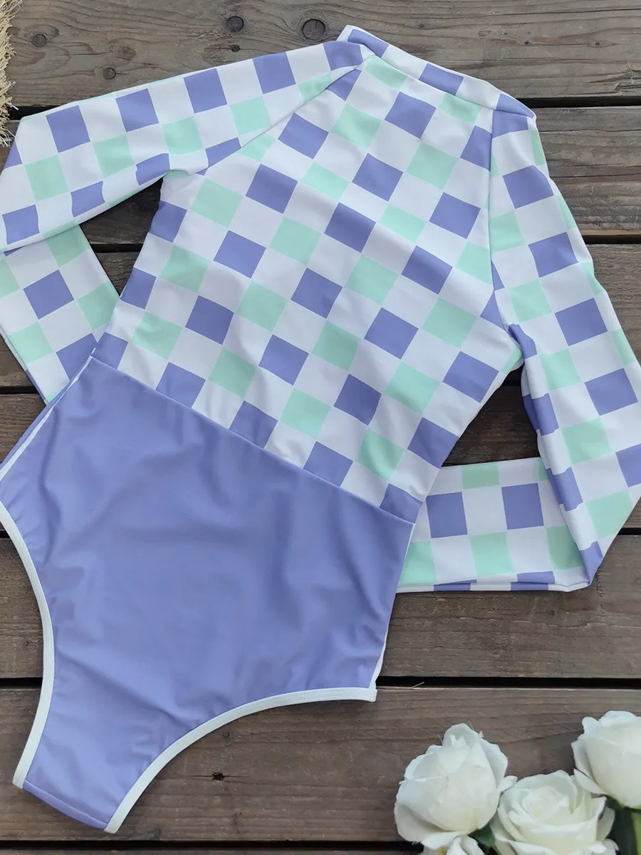 Plaid print long sleeve sun protection one-piece surf suit