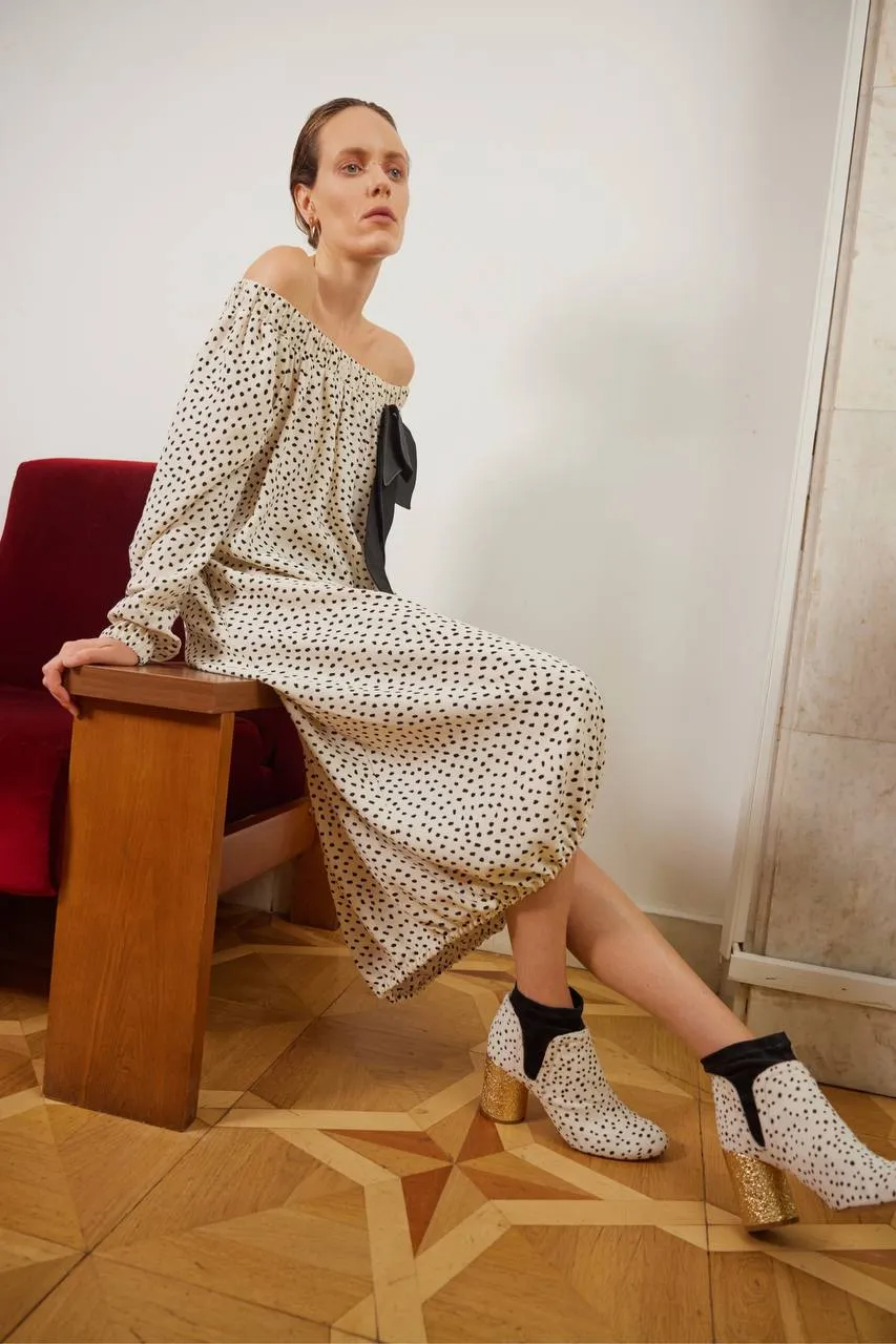 Polka Dot Crepe Oversized Dress With Flower Detail