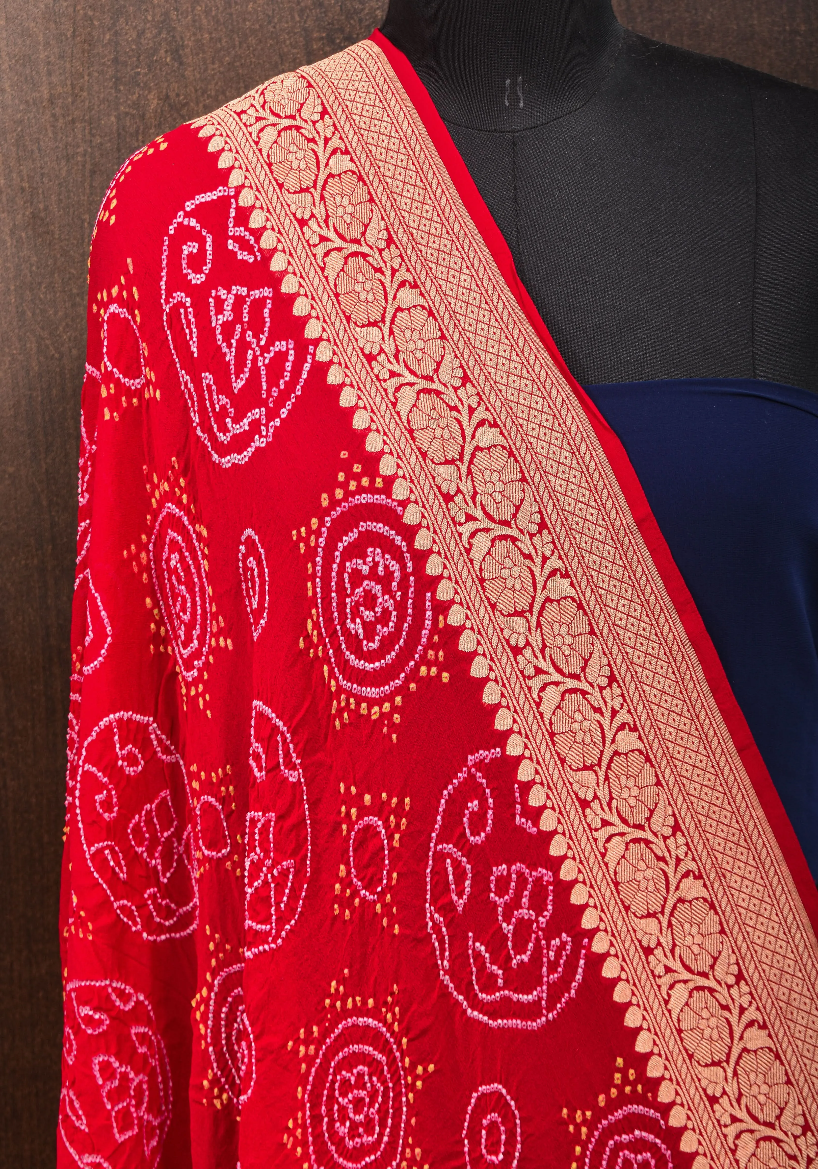 Red Banarasi Silk Georgette Dupatta with sarkam Bandhej and Zari border   | SILK MARK CERTIFIED