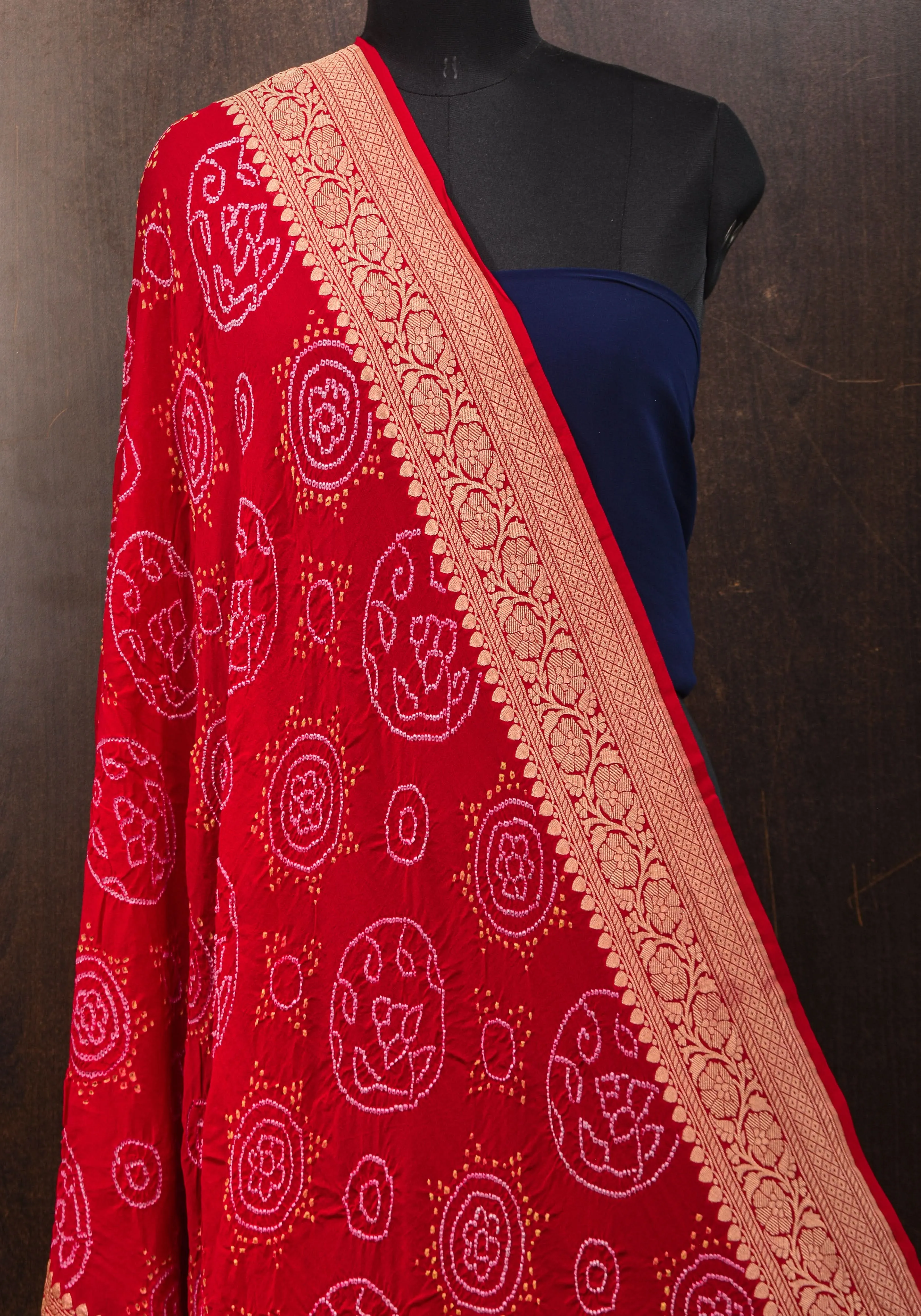 Red Banarasi Silk Georgette Dupatta with sarkam Bandhej and Zari border   | SILK MARK CERTIFIED