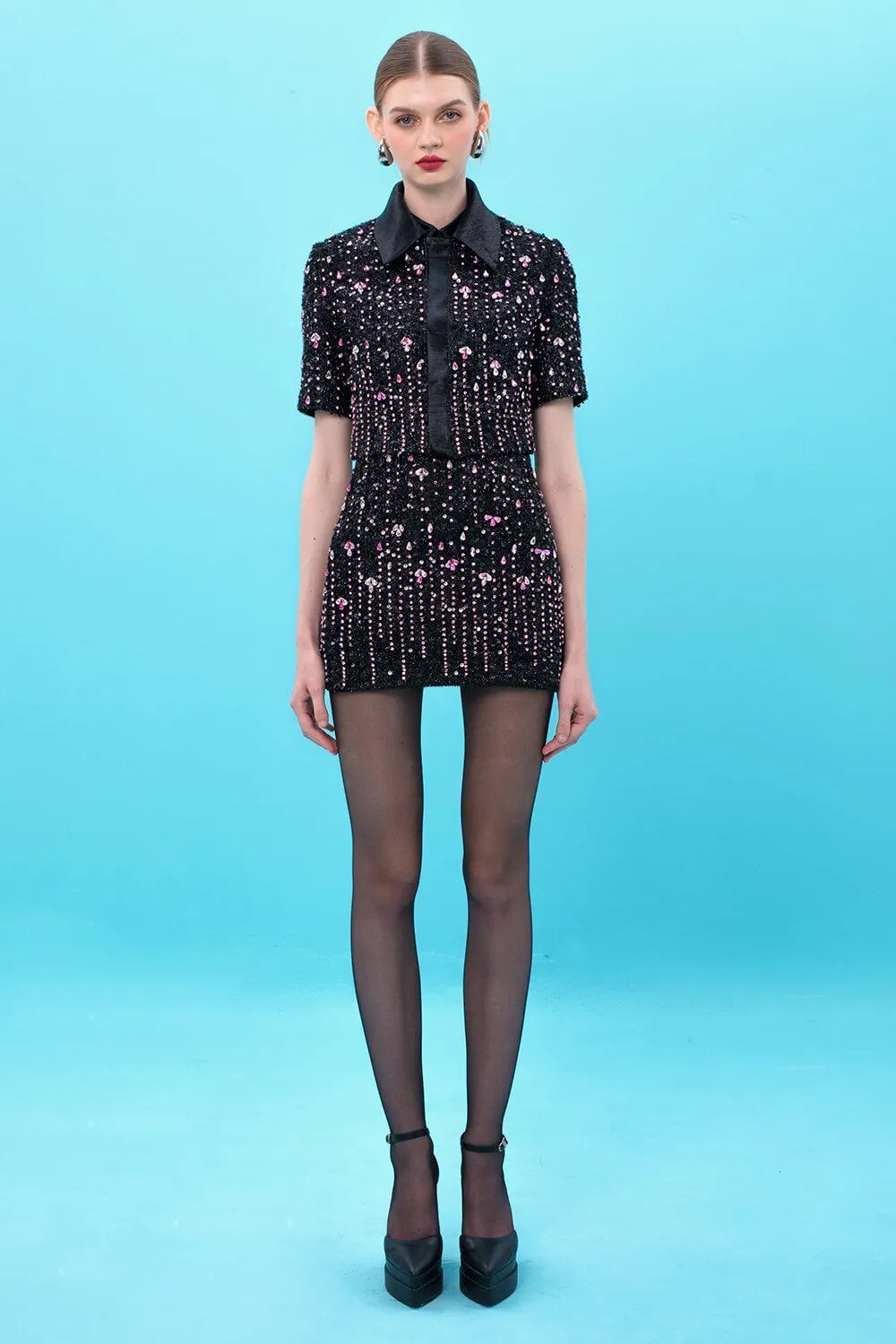Shelby Cropped Short Sleeved Sequin Mini Set