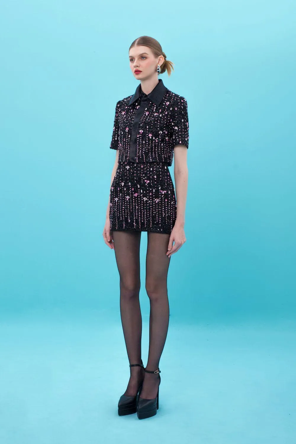 Shelby Cropped Short Sleeved Sequin Mini Set