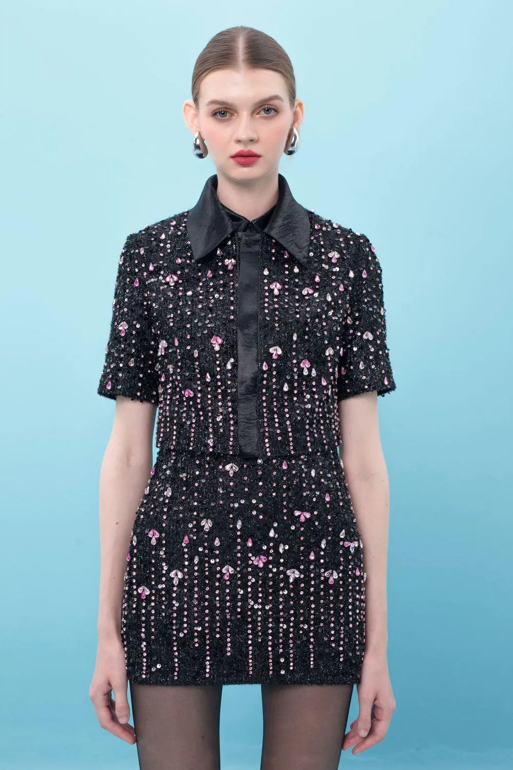 Shelby Cropped Short Sleeved Sequin Mini Set