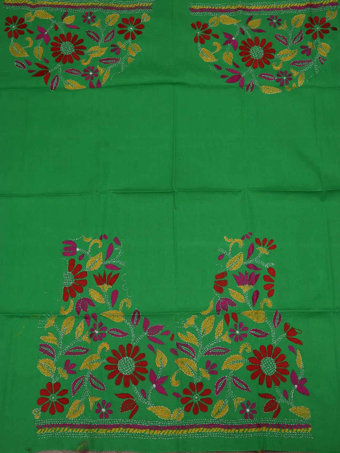 Shop Green Embroidered Kantha Cotton Blouse Fabric - 1 Mtr