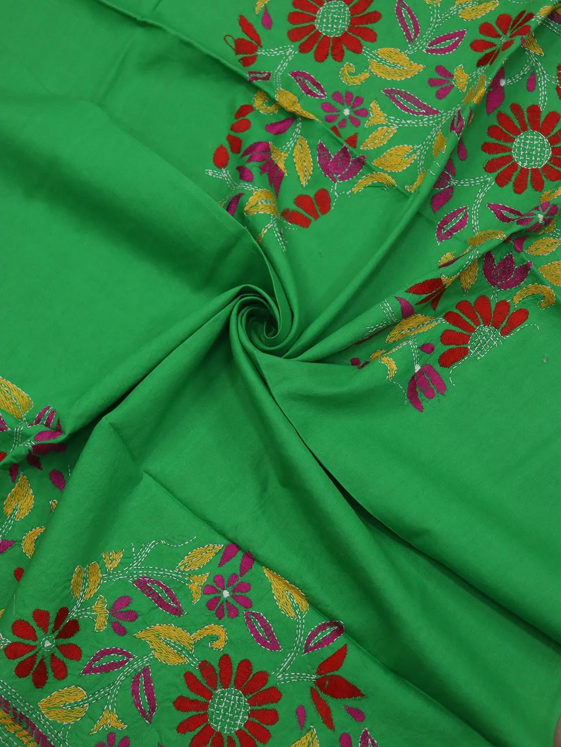 Shop Green Embroidered Kantha Cotton Blouse Fabric - 1 Mtr