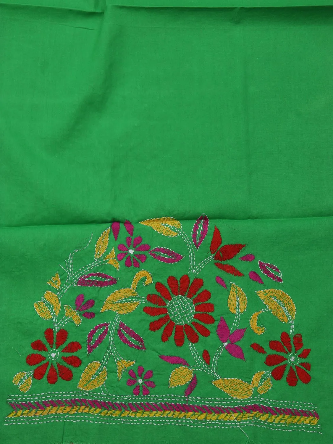 Shop Green Embroidered Kantha Cotton Blouse Fabric - 1 Mtr