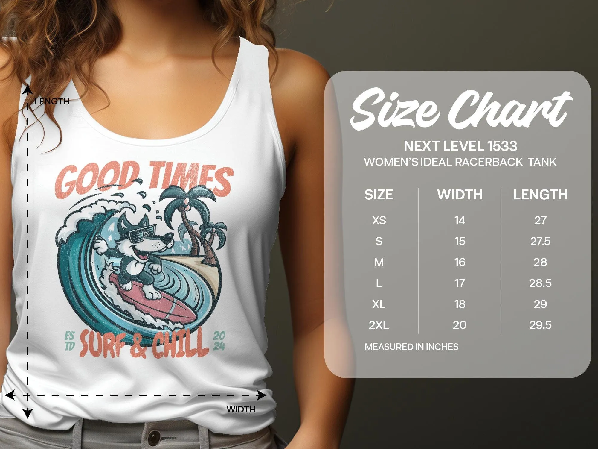 Surfing Wolf T-Shirt, Good Times Surf and Chill Vintage Style Tee, Beach Fun Graphic Shirt for Summer, Women's Tank Top