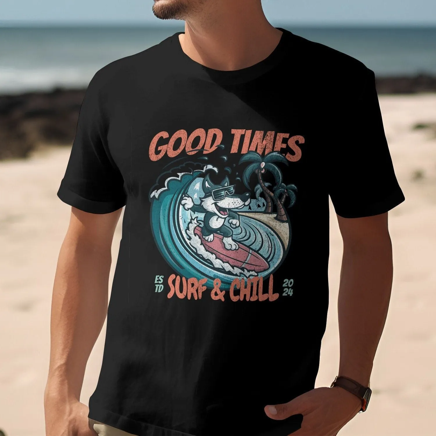 Surfing Wolf T-Shirt, Good Times Surf and Chill Vintage Style Tee, Beach Fun Graphic Shirt for Summer, Women's Tank Top