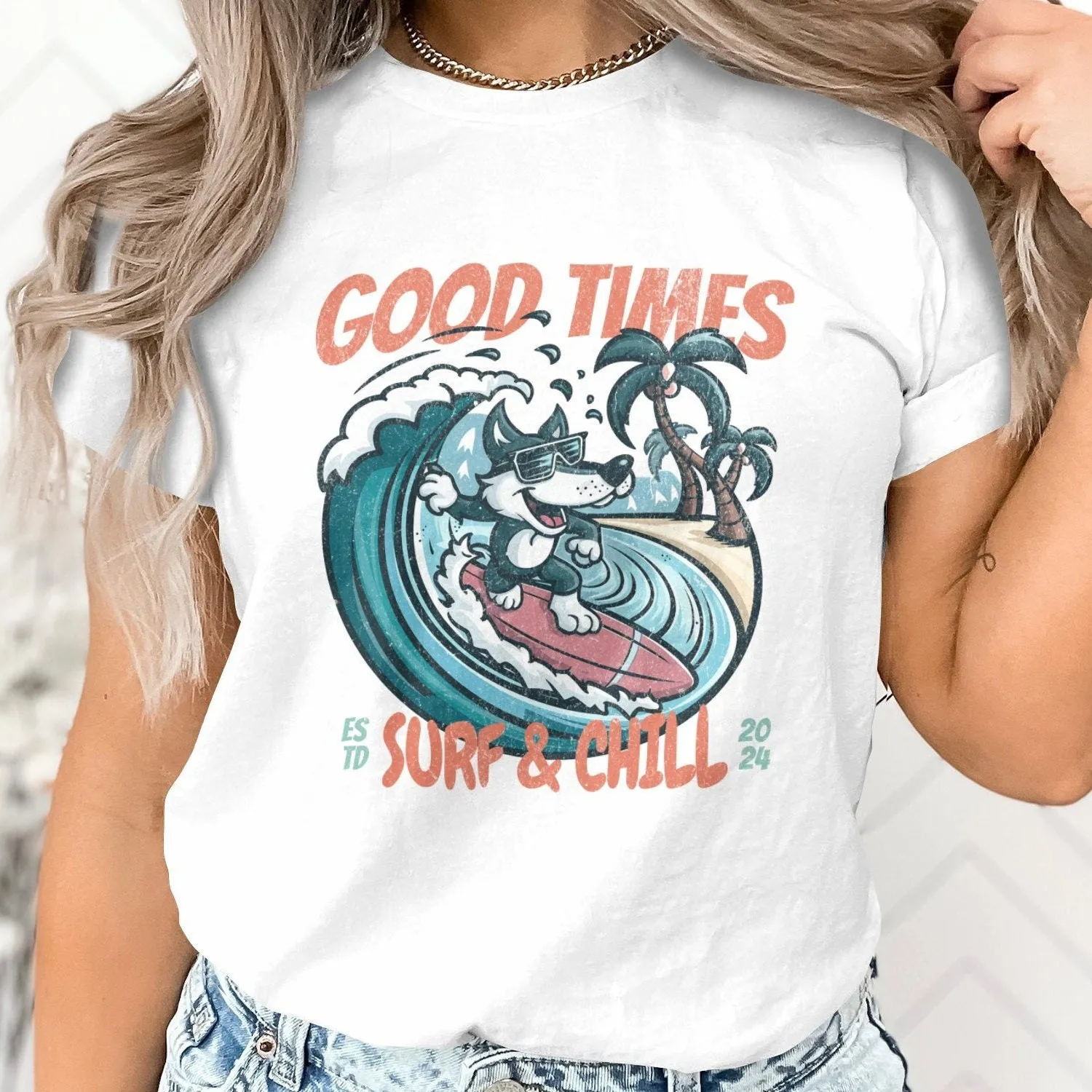 Surfing Wolf T-Shirt, Good Times Surf and Chill Vintage Style Tee, Beach Fun Graphic Shirt for Summer, Women's Tank Top