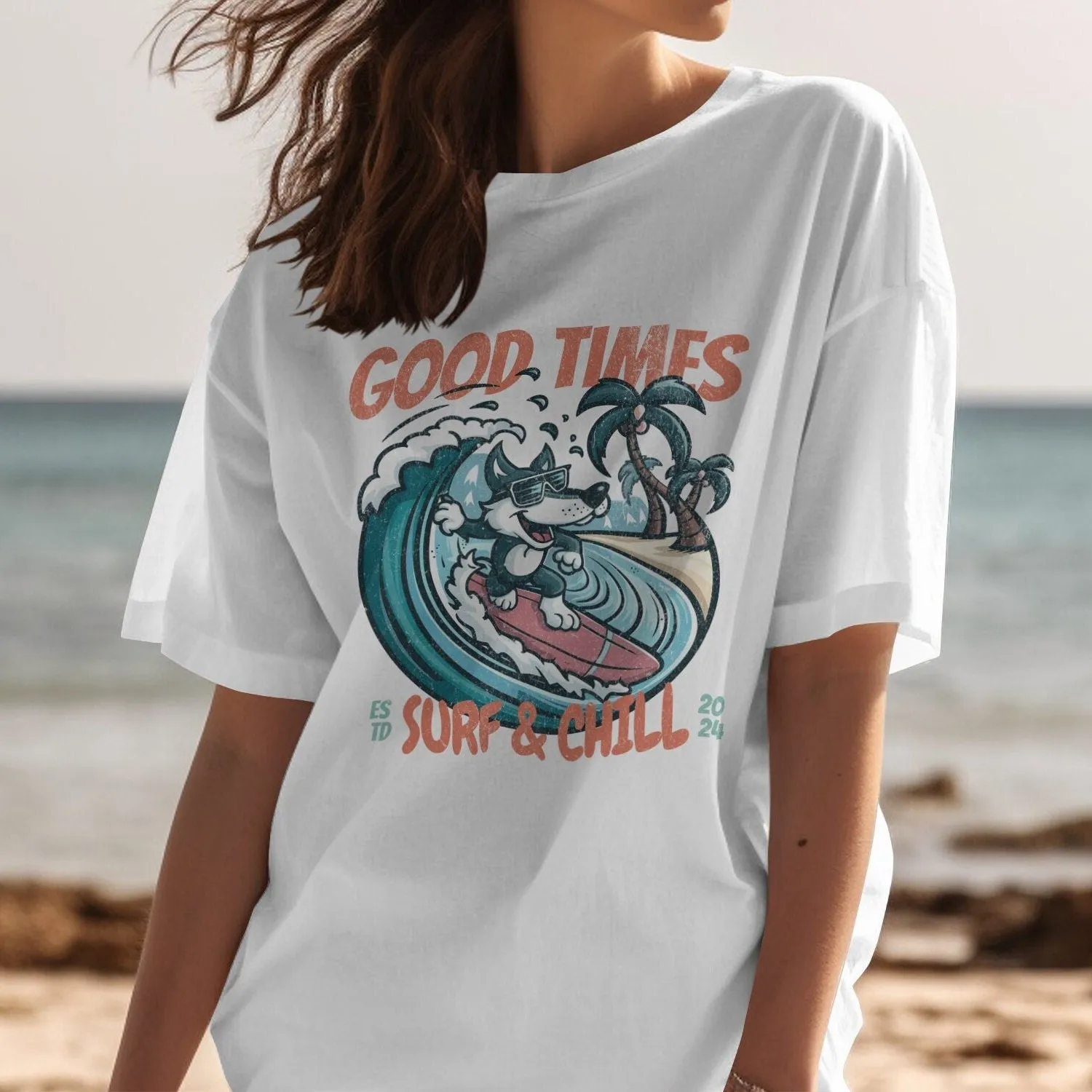 Surfing Wolf T-Shirt, Good Times Surf and Chill Vintage Style Tee, Beach Fun Graphic Shirt for Summer, Women's Tank Top