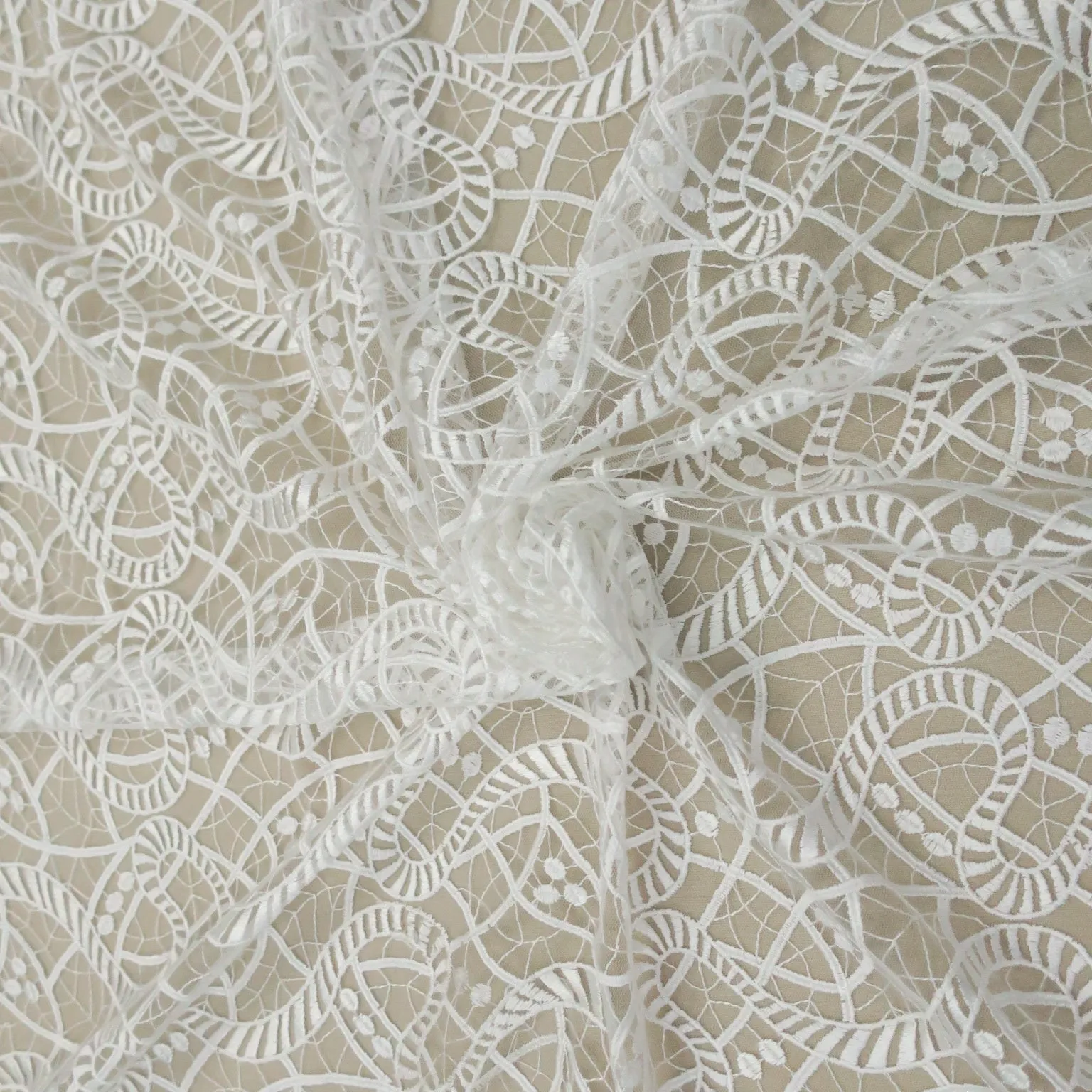 White Corded Spiral Embroidered Double Scalloped Tulle Fabric