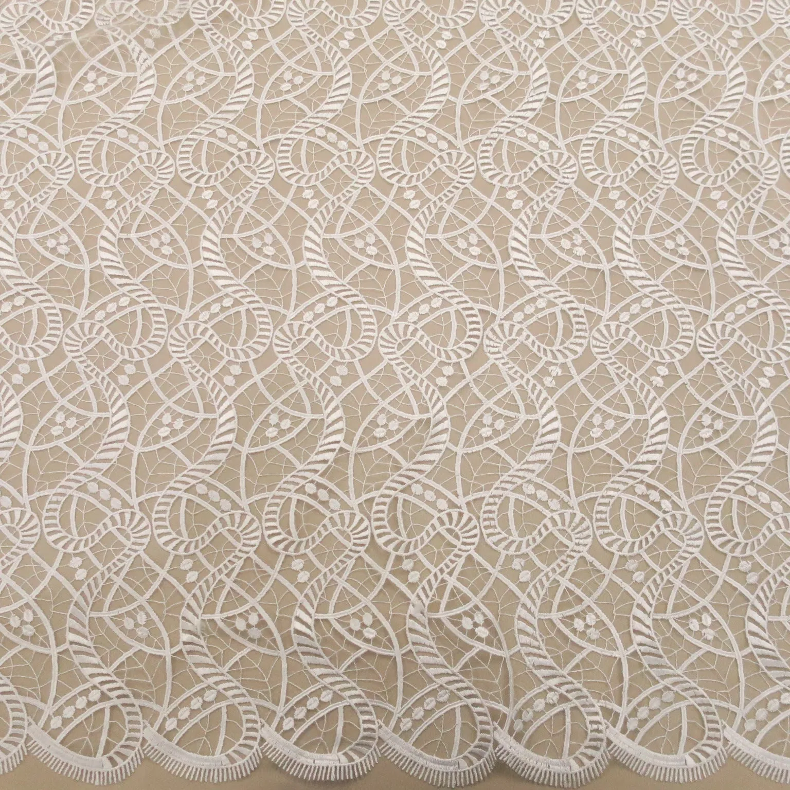 White Corded Spiral Embroidered Double Scalloped Tulle Fabric