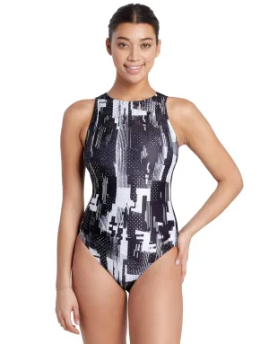 Zoggs Shimmer High Front Swimsuit - Black/White